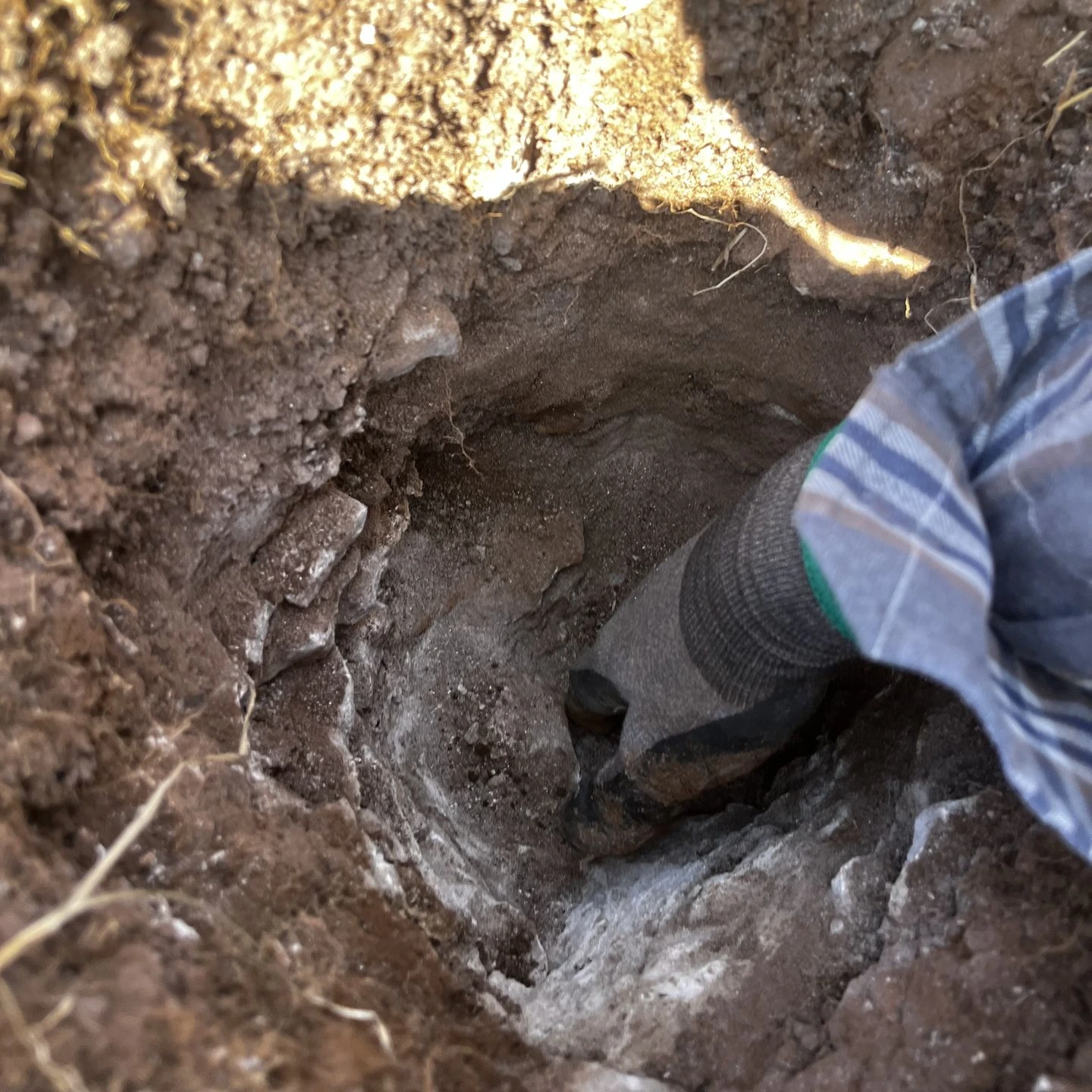 Sous la surface, la plantation des piquets rencontre rapidement les pierres et les différents niveaux du sol. Sol pierreux lors du creusement d'un trou pour un piquet de clôture